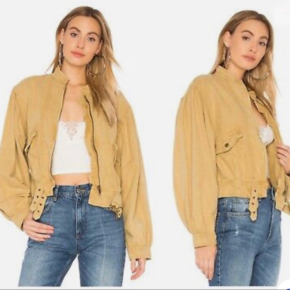 Free People Taupe Poet Blouson Sleeve Linen Blend Jacket Women’s Size Large